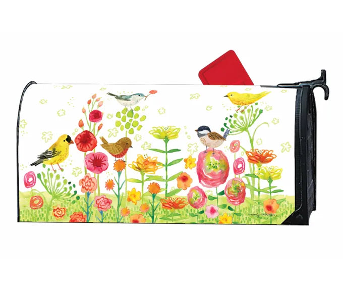 A Studio M Mailbox Wraps featuring colorful birds and vibrant flowers, UV-printed for long-lasting durability.
