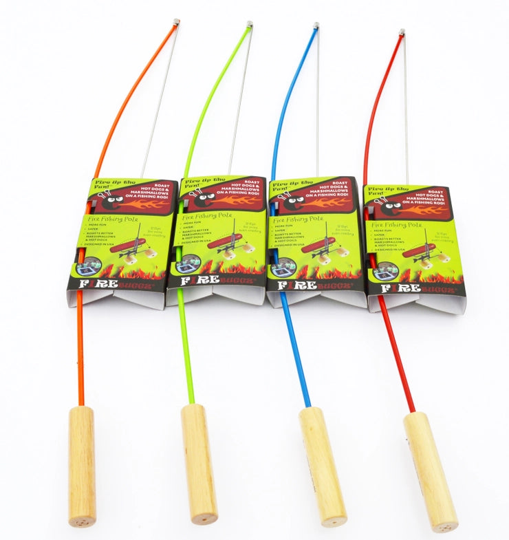 Five Fishing Poles with colorful lines and wooden handles, each functioning as a hot dog/marshmallow roaster, attached to a packaging card displaying illustrations of fish.