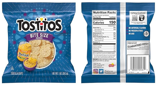 A package of Snack Size Tostitos Tortilla Chips with its nutritional information displayed on the reverse side.