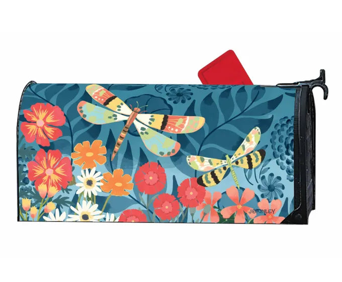A Studio M Oversized Mailbox Wraps dragonfly mailbox cover adorned with beautiful flowers and enchanting dragonflies.