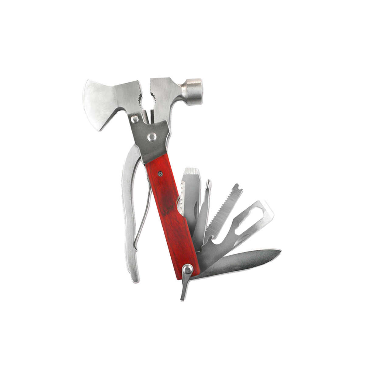Axe Multi-Tool with various implements such as a hammer, pliers, knife, and saw blades, all made of stainless steel with a red handle, isolated on a white background.