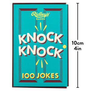 A box of 100 Knock Knock Jokes featuring a card game for kids packed with hilarious jokes.