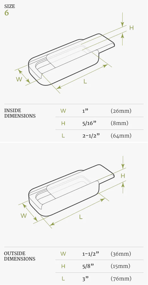 Technical illustration showing the inside and outside dimensions of a size 6 3" Flat Narrow Cherry with Assorted Inlay with a sliding dovetail lid, annotated measurements in inches and millimeters.