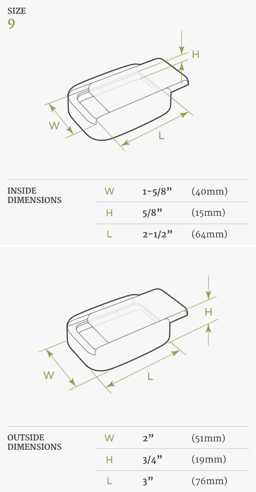 Technical illustration showing the inside and outside dimensions of a size 9 3" Walnut with Burl Maple Inlay Secret Box, with width (w), height (h), and length (l) labeled and measured in both inches and millimeters.