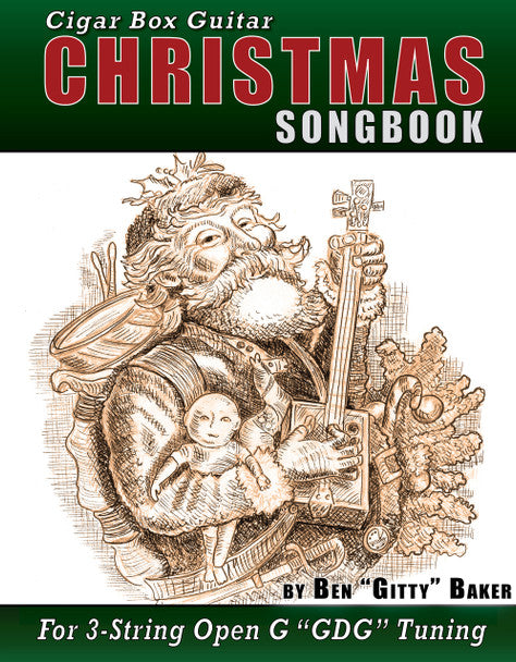A Cigar Box Guitar Songbook Christmas Songs with an image of Santa Claus, including tablature for 3-string cigar box guitars.