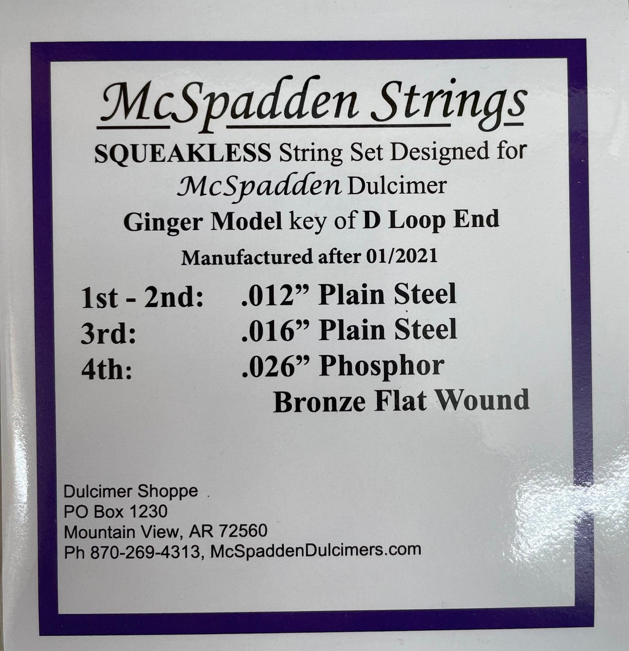 A package of Squeakless String Set for Ginger Dulcimer strings with a Key of D label.