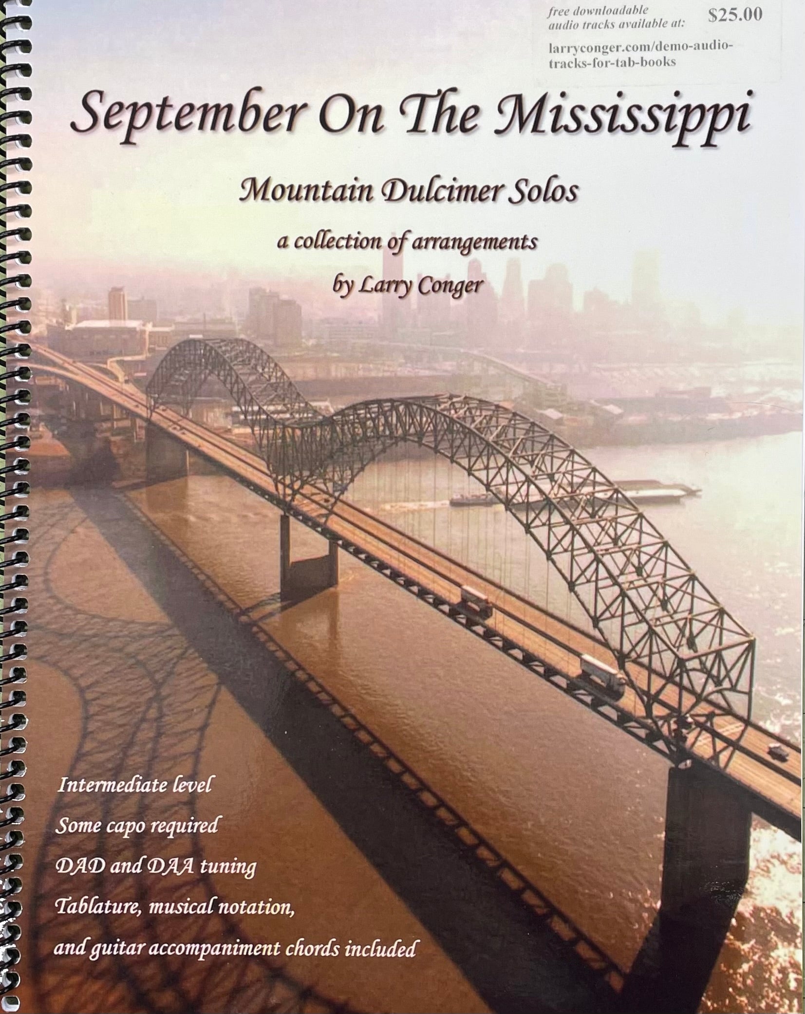 Cover of the product 'September on the Mississippi Mountain Dulcimer Solos by Larry Conger', featuring a photo of a bridge over a river