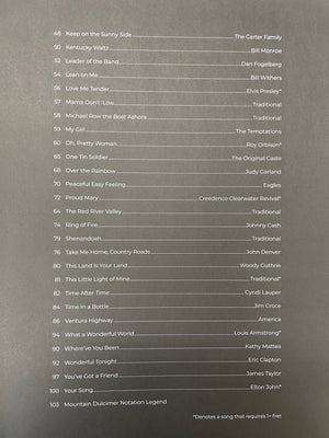 List of songs from "First 50 Songs You Should Play on Mountain Dulcimer by Steven B. Eulberg" on a printed paper, showing titles and corresponding artists in two columns, noted with a light background and some text marked with asterisks.