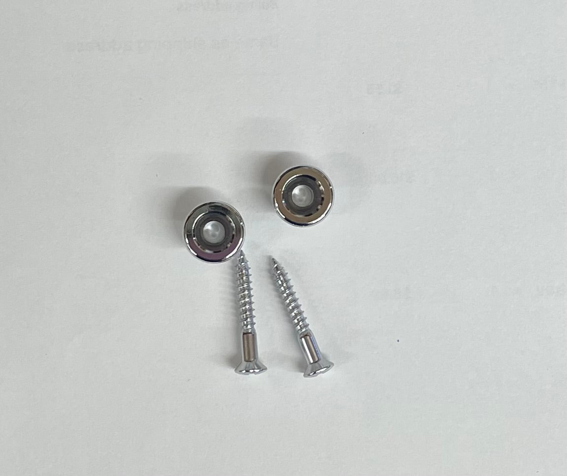 Two Strap Buttons - Chrome (Pair) with attached screws, displayed side by side on a white background.