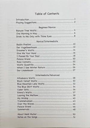 Table of Contents page from Waltz Book II for the Mountain Dulcimer by Heidi Muller, featuring arrangements for the mountain dulcimer, listing various waltz pieces organized by difficulty levels.