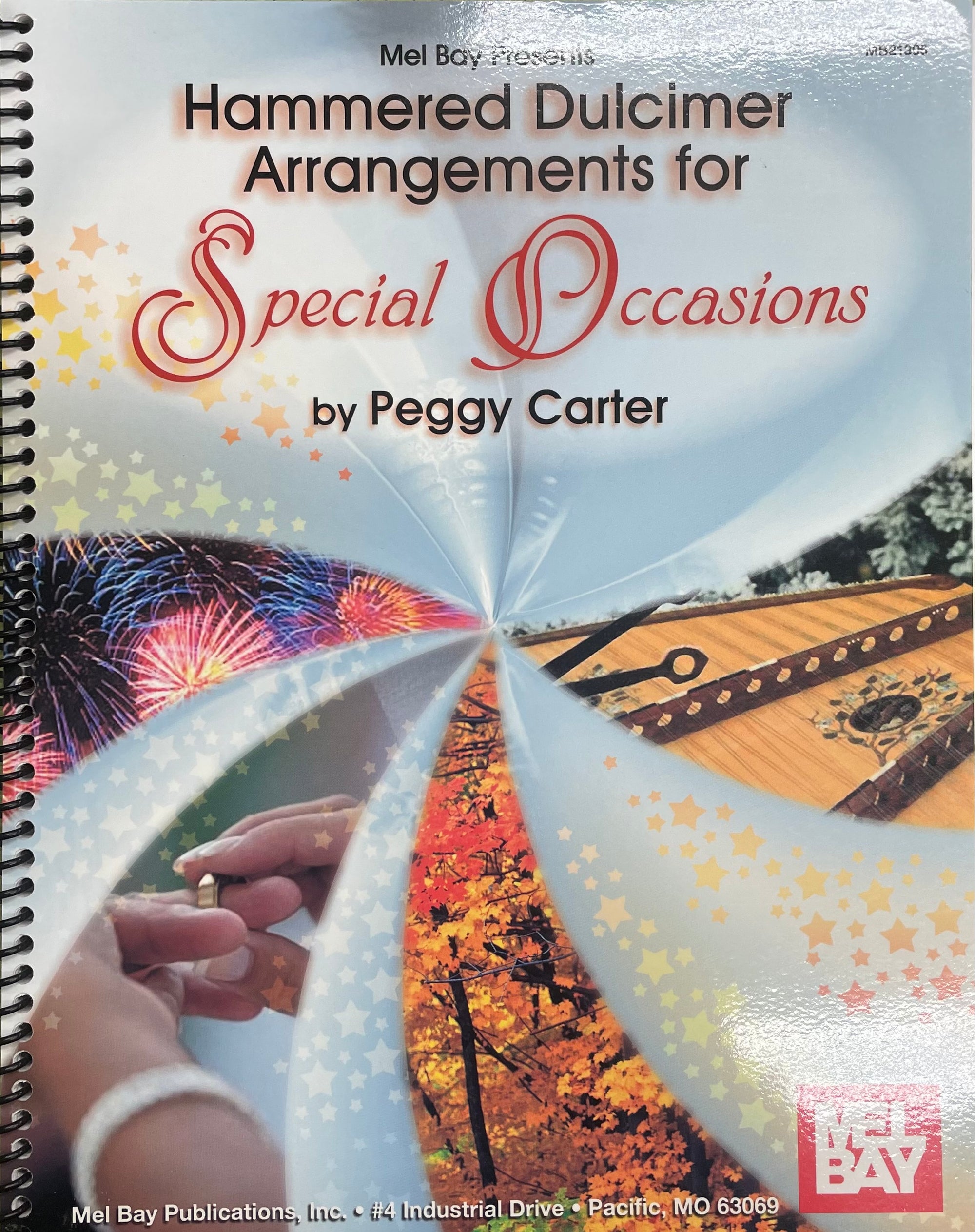 Cover of a book titled "Hammered Dulcimer for Special Occasions" by Peggy Carter. Features images of festive lights, a dulcimer, and a hand playing the instrument with a background of stars, perfect for weddings and dances.