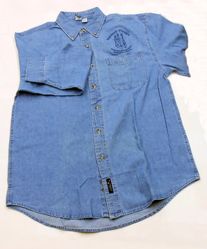 Blue denim shirts with a crest on them, available in a variety of sizes.