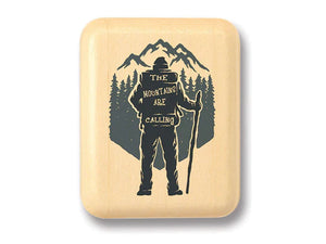 A 2" Mountains are Calling Aspen Secret Box with an illustration of a hiker and the phrase "the mountains are calling" against an Aspen mountain backdrop.