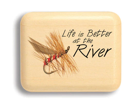 A 2" Life is Better at the River Aspen Secret Box with the inscription "life is better at the river" and an illustration of a fishing fly lure, featuring a secret box for organization.