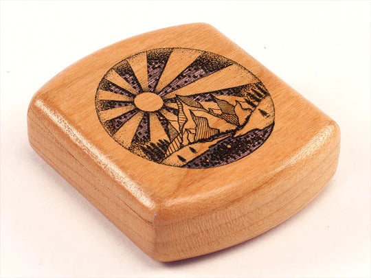 2" Mountains in Circle Cherry Secret Box with an etched circular landscape design on the lid.