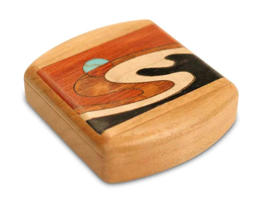 2" Flat Wide Cherry Wave Marquetry Secret Box with an inlaid design on the lid, perfect as a secret storage solution.