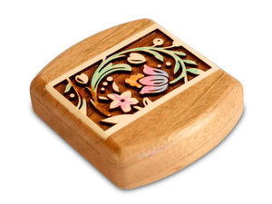 A 2" Floral Prismtone Cherry Secret Box with an intricate floral inlay and button design on its lid.