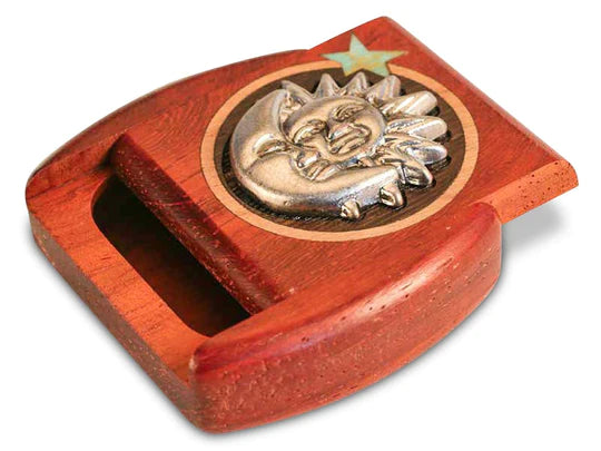 2" Sun and Moon Silverscape Padauk Secret Box with a hidden sliding dovetail lid and a metal emblem featuring a lion and a star.