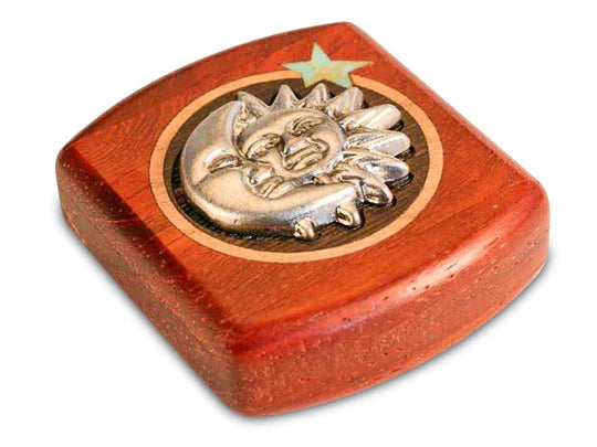 A 2" Sun and Moon Silverscape Padauk Secret Box with a metal sun and moon design inset on its surface, featuring a hidden sliding dovetail lid.