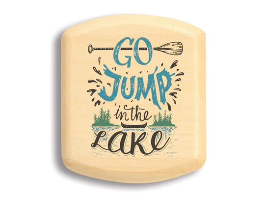 Decorative wooden sign, ideal for organization and display, with the phrase "go jump in the lake" surrounded by illustrations of a paddle, water, and pine trees. 2" Jump in the Lake Aspen Secret Box.