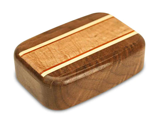 3" Walnut with Burl Maple Inlay Secret Box with a light brown and dark walnut design, and a golden stripe