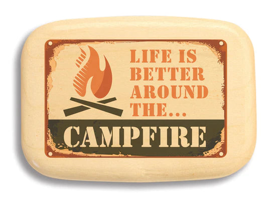 Vintage-style decorative sign, perfect for display, stating 3" Life is Better Around the Campfire Aspen Secret Box.
