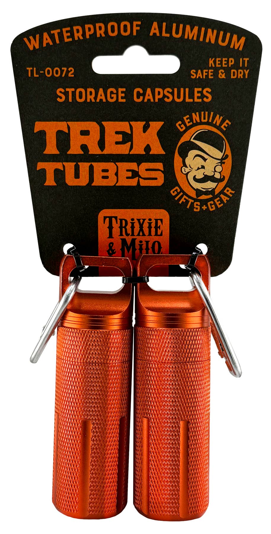 Two orange aluminum Trek Tubes (Set of 2) Waterproof Aluminum Containers with carabiners attached to a black card labeled "Trek Tubes by Trixie & Milo - waterproof aluminum storage containers.