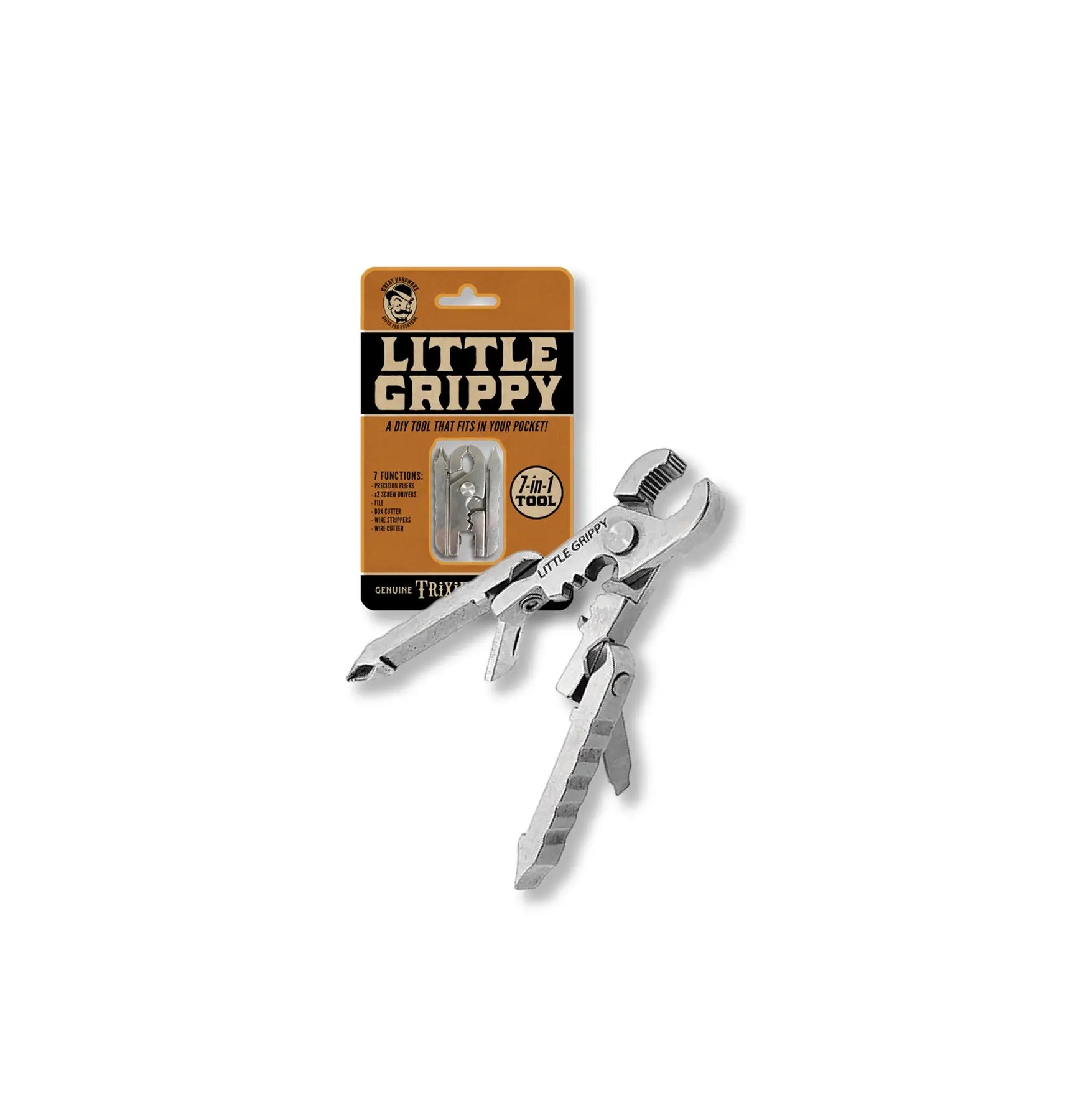 A "Little Grippy Pliers Multi-tool" with precision pliers, screwdrivers, and other tools, still attached to its retail packaging.