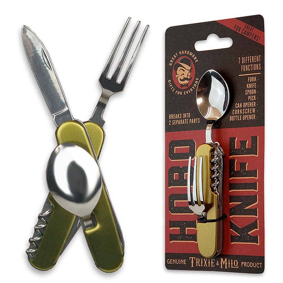 Multi-tool utensil set designed for outdoor adventures, splits into a knife, fork, and spoon, displayed open and in packaging labeled "Hobo Knife - camping, outdoors," featuring a bottle opener and can piercer.