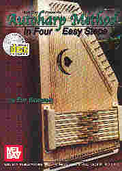 Cover of the instructional book titled "Autoharp Method in Four Easy Steps by Evo Bluestein," featuring an image of an autoharp, now with online audio for enhanced instruction.