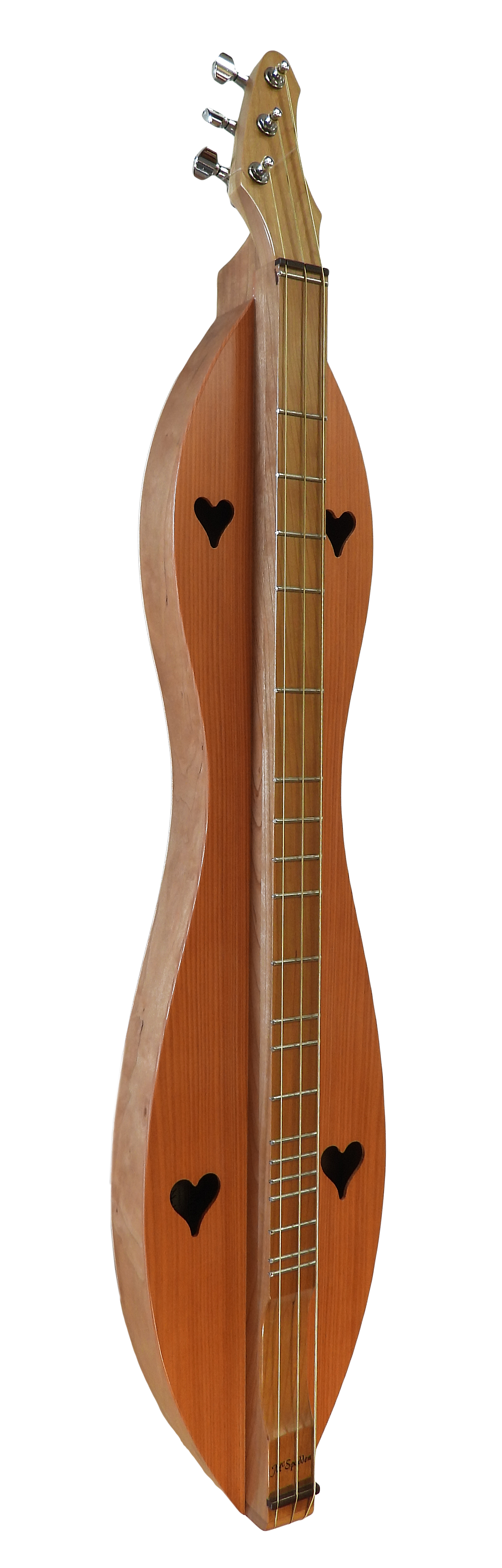A 3 String Bass, Flathead, Hourglass Dulcimer Cherry back and sides, Redwood Top (3FHCR) with two wings on it and a lifetime warranty.