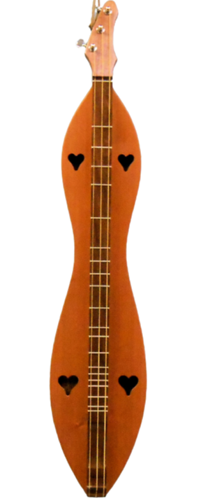 A 3 String Bass, Flathead, Hourglass, Walnut back and sides with Redwood top (3FHWR), with strap buttons and a padded Navy nylon case.