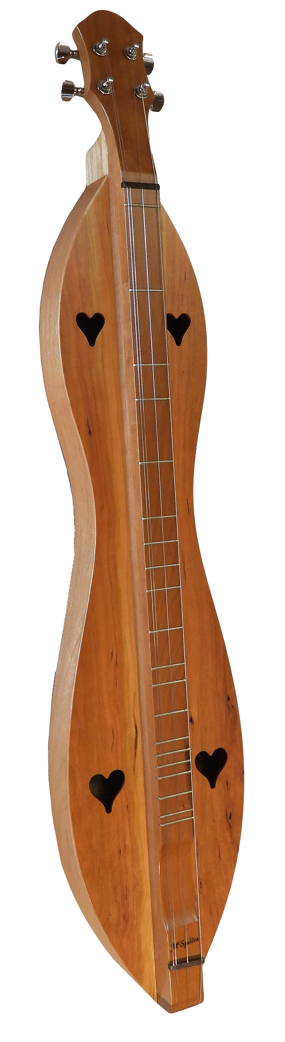 A 4 String, Flathead, Hourglass with Cherry back, sides and top ukulele with two birds on it. This beautifully crafted 4 String, Flathead, Hourglass with Cherry back, sides and top ukulele from McSpadden features a unique design showcasing two charming birds. It is built to last with a lifetime.