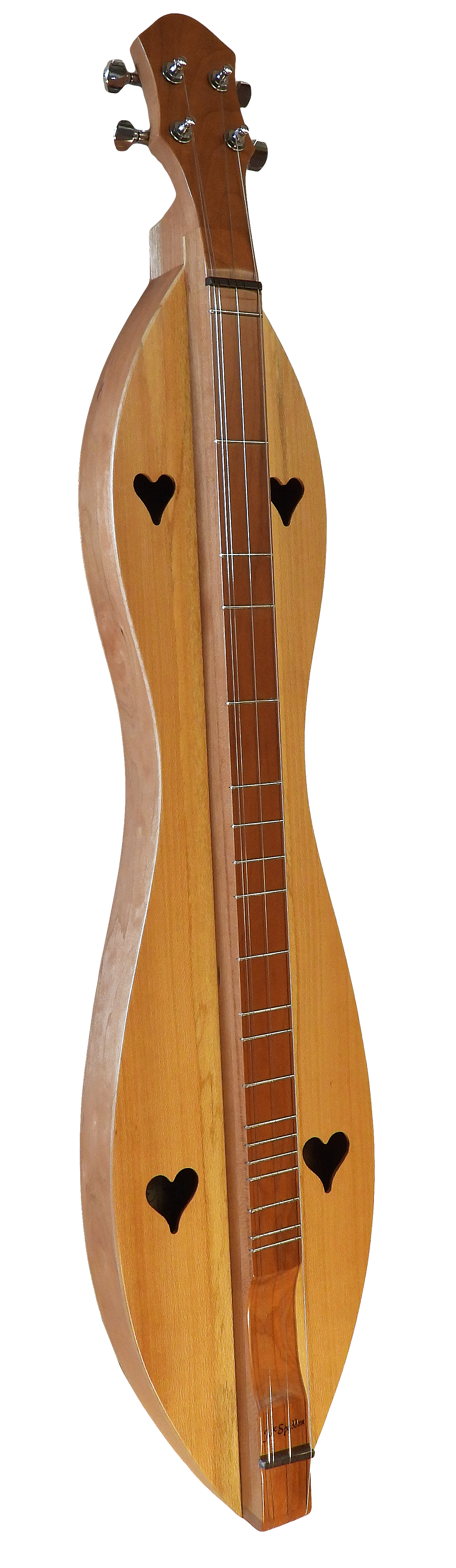A customizable 4 String, Flathead, Hourglass with Cherry back, sides and Spalted, Clear, or Quartersawn Sycamore top (4FH26CSY) Dulcimer with a lifetime warranty and wooden body adorned with black wings.