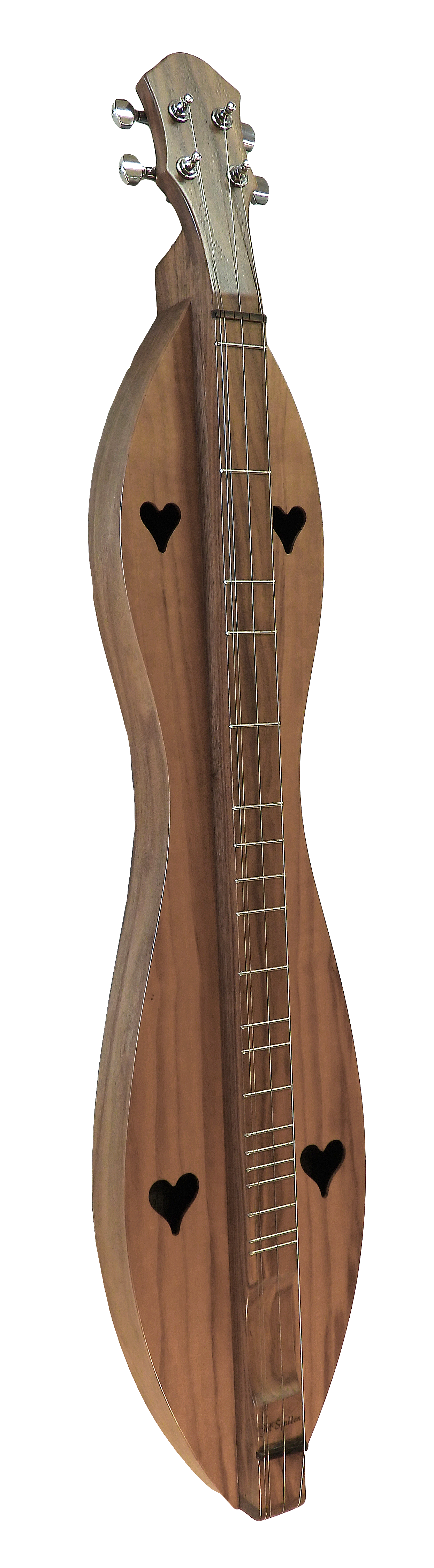 A 4 String, Flathead, Hourglass with Walnut back, sides and top wooden ukulele with black birds on it, featuring a lifetime warranty.