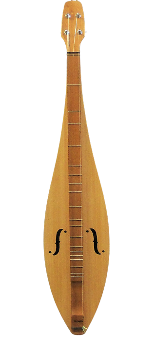 A handcrafted wooden 4 String, Flathead, Teardrop with Cherry back and sides, Spruce top lute on a black background.