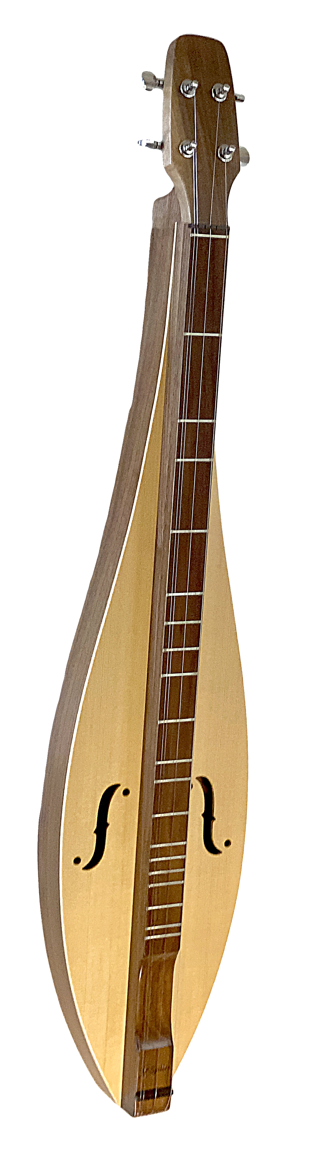A 4 String, Flathead, Teardrop with Walnut back and sides, Spruce top (4FTWS), a handcrafted instrument with a lifetime warranty, on a white background.