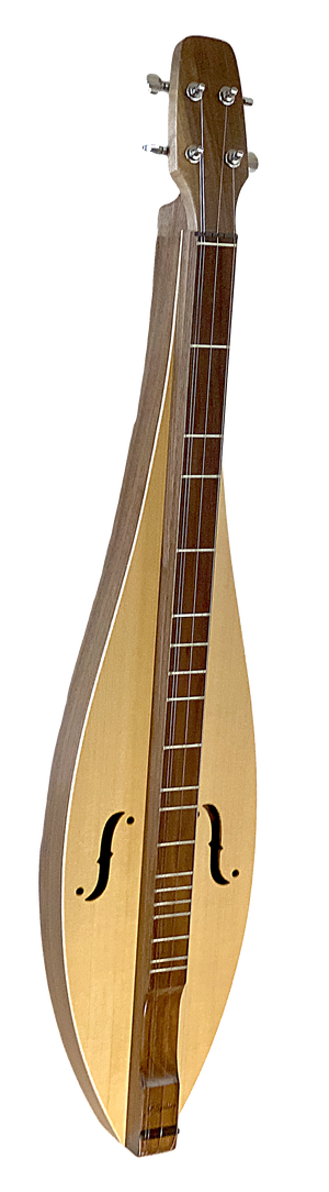 A 4 String, Flathead, Teardrop with Walnut back and sides, Spruce top (4FTWS), a handcrafted instrument with a lifetime warranty, on a white background.