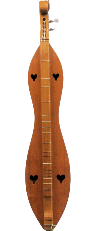 A beautifully handcrafted wooden 4 String, Scroll head, Hourglass with Cherry back and sides, Redwood top (4SHCR) musical instrument with a bird on it, the McSpadden dulcimer comes with a lifetime warranty.