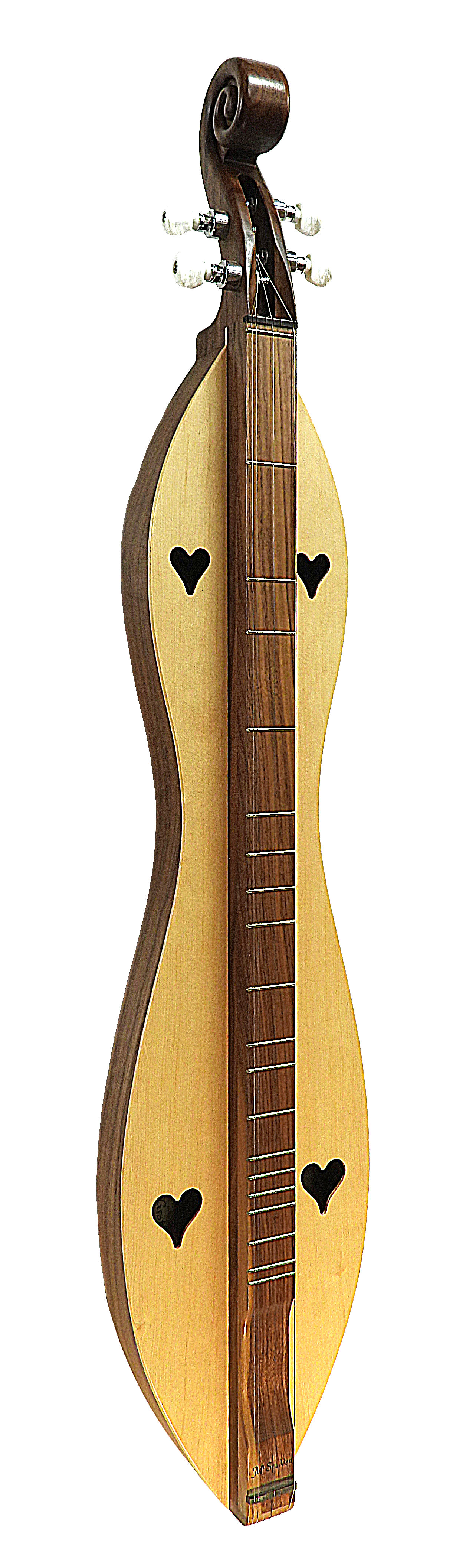 A 4 String, Scroll head, Hourglass with Walnut back and sides, Spruce top lute with a bird on it, featuring strap buttons for easy handling.