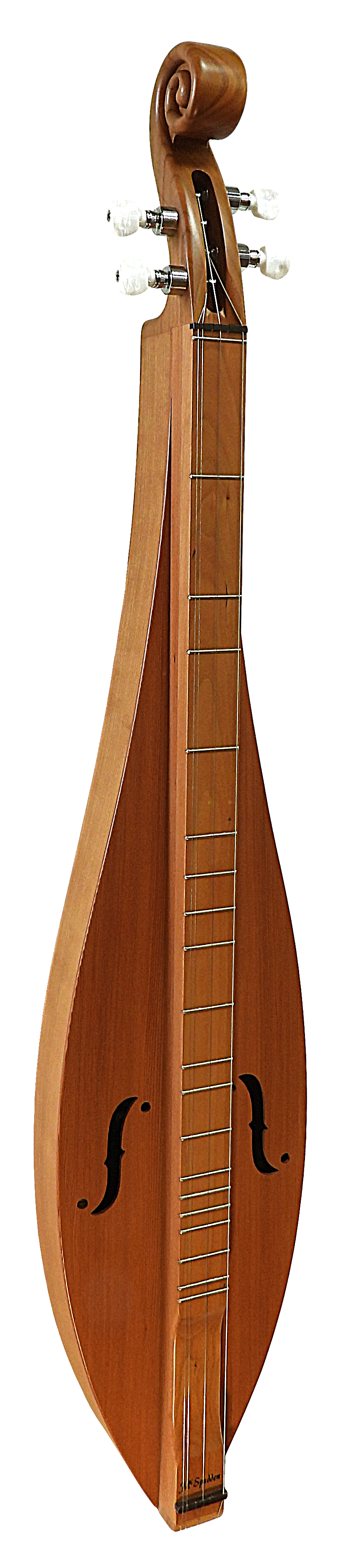 A 4 String, Scroll head, Teardrop with Cherry back and sides, Redwood top (4STCR) Dulcimer, featuring customizable options and a lifetime warranty, displayed on a white background.