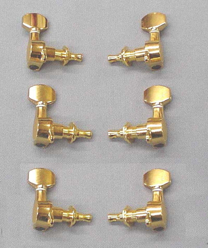 A set of six Gold Tuning Pegs - 6 string arranged in two columns with optional scroll types on a grey background.