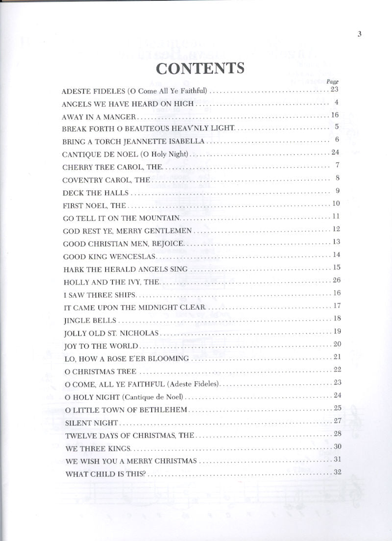 Contents page listing Christmas songs, including "Adeste Fideles," "Angels We Have Heard on High," and "Away in a Manger," with corresponding page numbers, perfect for playing from *Songs of Christmas for Autoharp by Meg Peterson and Dan Fox*.