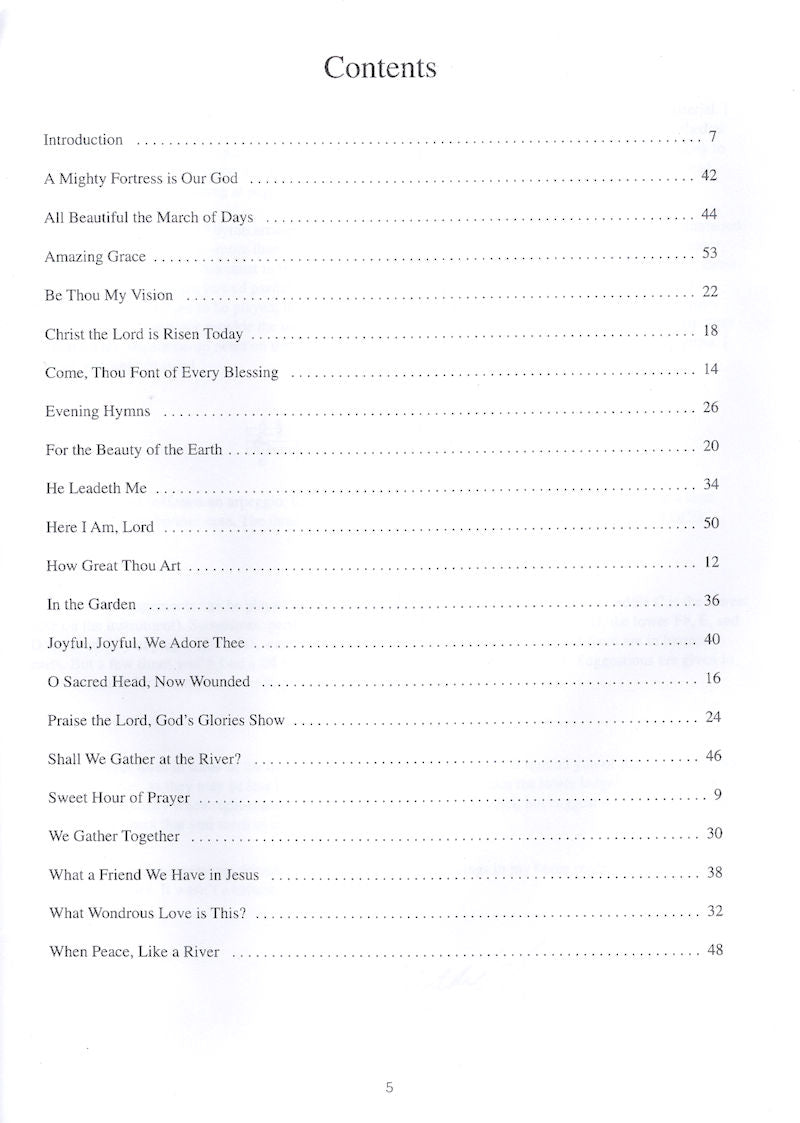 Table of contents from "Shall We Gather" by Madeline MacNeil featuring various hymn titles arranged for the Hammered Dulcimer, with their corresponding page numbers.