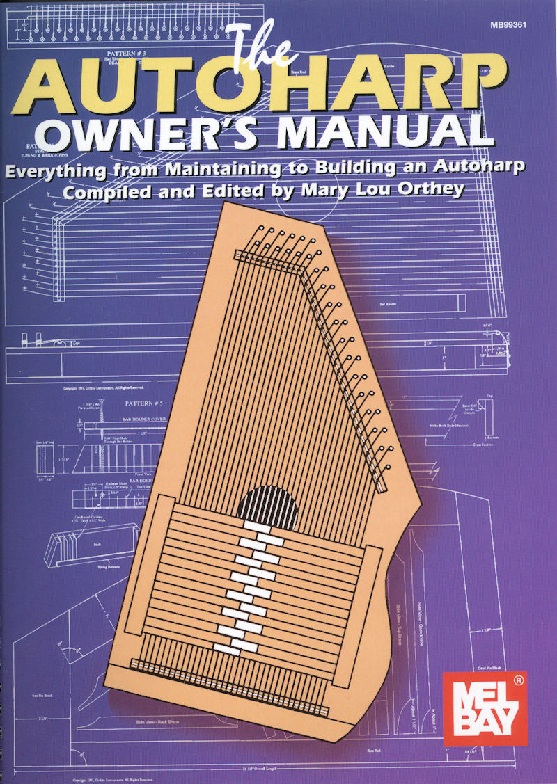 Sentence with product name: The Autoharp Owner's Manual - by Mary Lou Orthey featuring a drawing of an autoharp surrounded by blueprints for maintaining an autoharp.