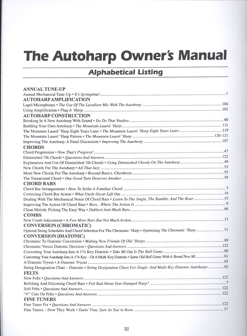Page from The Autoharp Owner's Manual showing an alphabetical table of contents for various car maintenance topics and instructions on maintaining an autoharp.