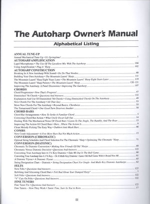 Index page of *The Autoharp Owner's Manual by Mary Lou Orthey* listing topics such as annual tune-ups, building, maintaining harps, coupling, electronics, melody, chords, combs, and tuning in alphabetical order.