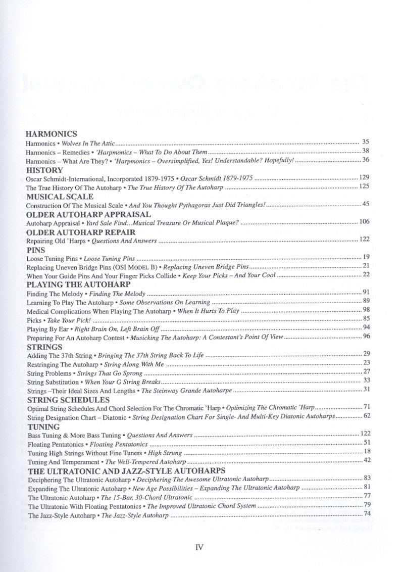 A table of contents listing topics such as "Harmonics," "History," "Musical Scale," and "Older Autoharp Appraisal" in The Autoharp Owner's Manual by Mary Lou Orthey. It also includes sections on maintaining autoharps and assessing older author repairs, with pages ranging from 35 to 94.