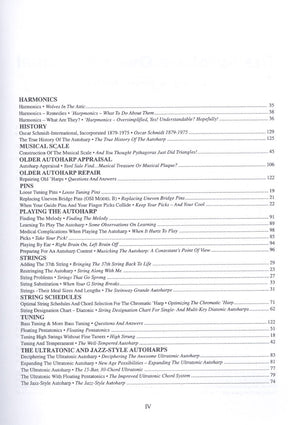 A table of contents listing topics such as "Harmonics," "History," "Musical Scale," and "Older Autoharp Appraisal" in The Autoharp Owner's Manual by Mary Lou Orthey. It also includes sections on maintaining autoharps and assessing older author repairs, with pages ranging from 35 to 94.