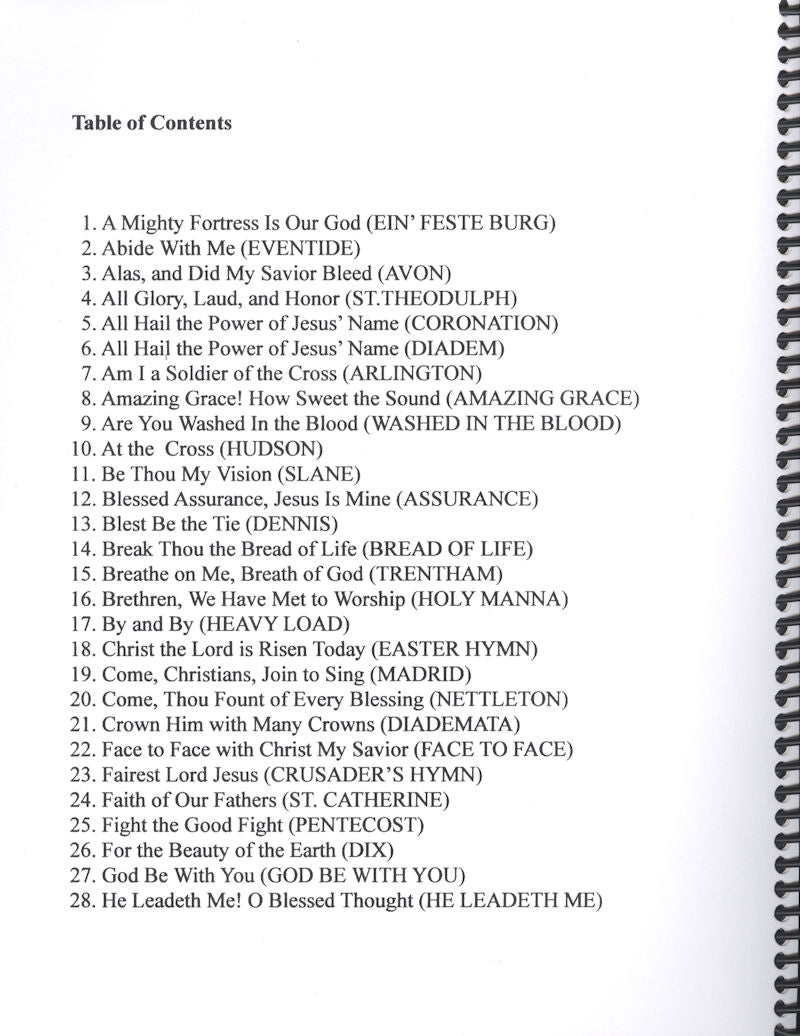A page titled "Table of Contents" listing 28 hymn titles, including "A Mighty Fortress Is Our God," "Amazing Grace," and "He Leadeth Me." Each title is followed by its tune name, with pieces suitable for beginners utilizing traditional melody/drone style from Hymns for the Beginning Mountain Dulcimer Player (DAA) by Tom Arnold.